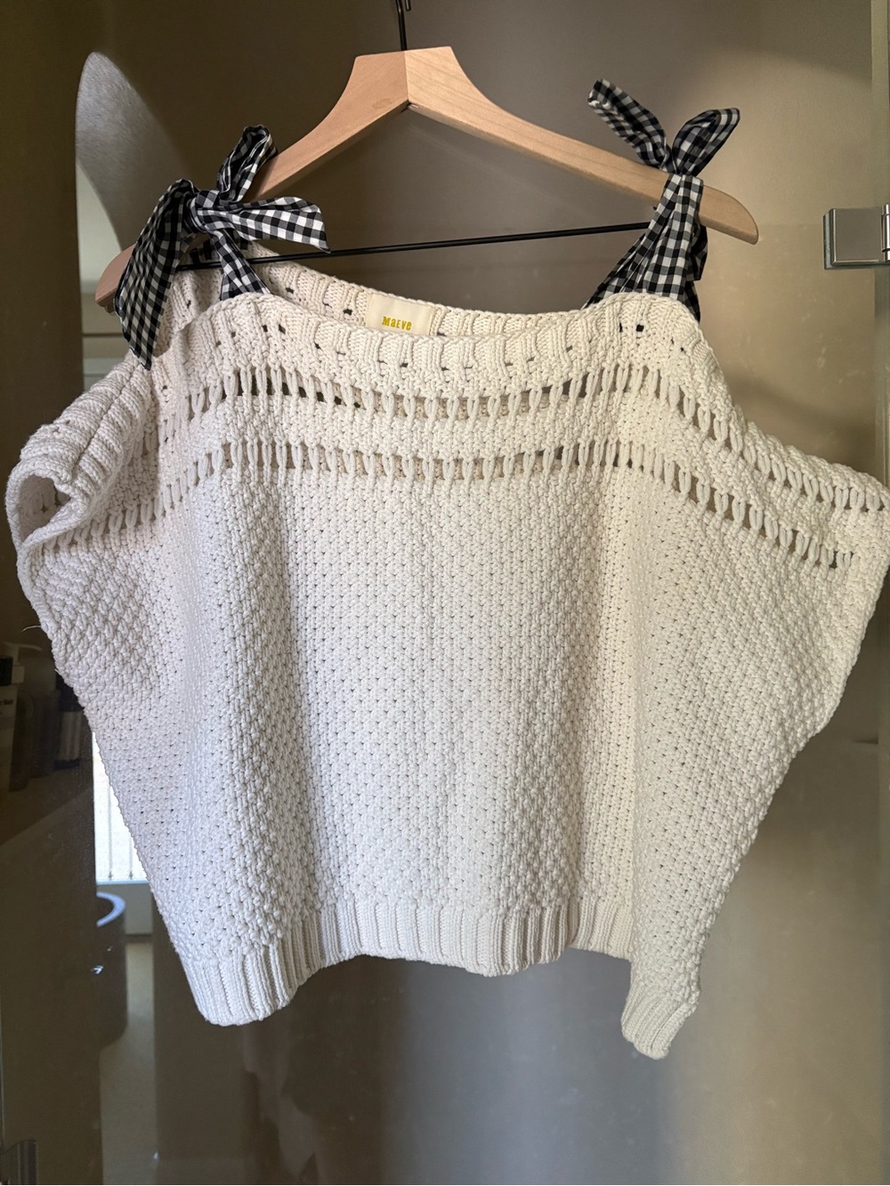 Maeve White/Cream Knit Cold-Shoulder Sweater with Gingham Ties